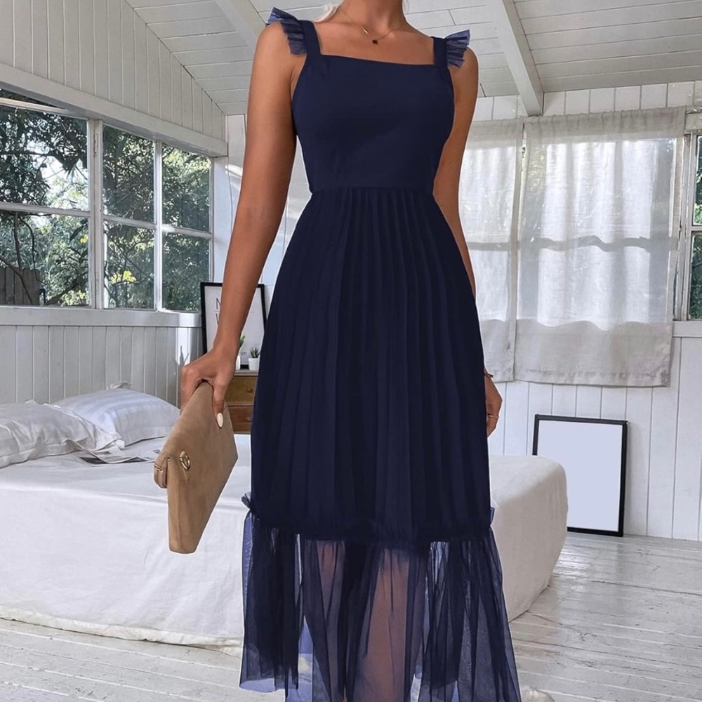 NWOT: Floerns Women's Mesh Sleeveless Pleated Hem Ruffle Trim Cami Maxi Dress